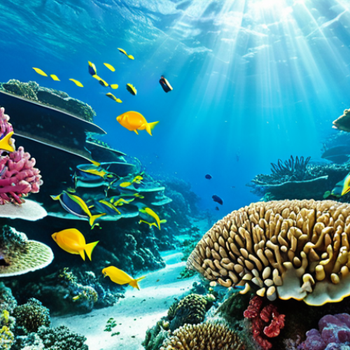 Home 4 A vibrant coral reef teeming with colorful fish, illuminated by sunlight filtering through the clear turquoise water. A scuba diver explores the reef, creating a sense of scale and adventure.