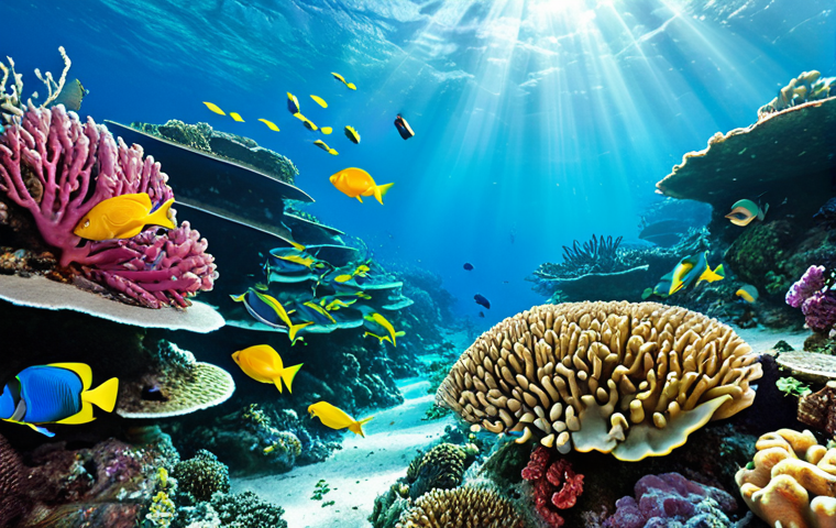 A vibrant coral reef teeming with colorful fish, illuminated by sunlight filtering through the clear turquoise water. A scuba diver explores the reef, creating a sense of scale and adventure.