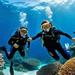 초보자를 위한 다이빙 강사 준비 가이드 - A dynamic underwater scene where a kind Korean scuba diving instructor, wearing a vibrant blue wetsu...