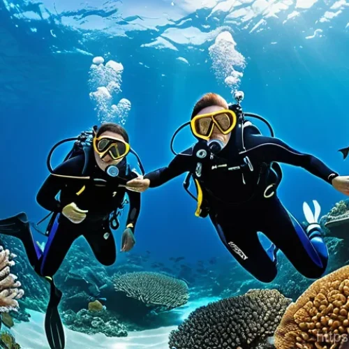 Home 15 초보자를 위한 다이빙 강사 준비 가이드 - A dynamic underwater scene where a kind Korean scuba diving instructor, wearing a vibrant blue wetsu...