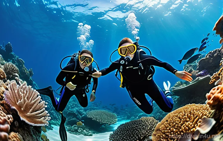 초보자를 위한 다이빙 강사 준비 가이드 - A dynamic underwater scene where a kind Korean scuba diving instructor, wearing a vibrant blue wetsu...