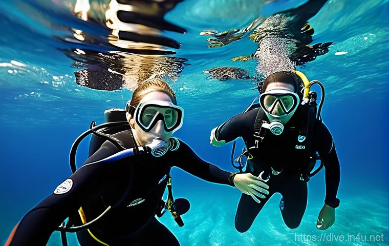 다이빙 강사 실무를 위한 현장 경험 - **Image Prompt 1: The Calm Professional in a Challenging Dive**
"A male scuba diving instructor,...