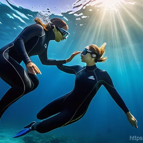 Home 1 다이빙 강사 자격증 시험 후기 - A serene underwater scene featuring a female freediving instructor, in her early 30s, with a gentle ...