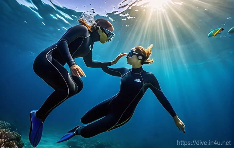 다이빙 강사 자격증 시험 후기 - A serene underwater scene featuring a female freediving instructor, in her early 30s, with a gentle ...